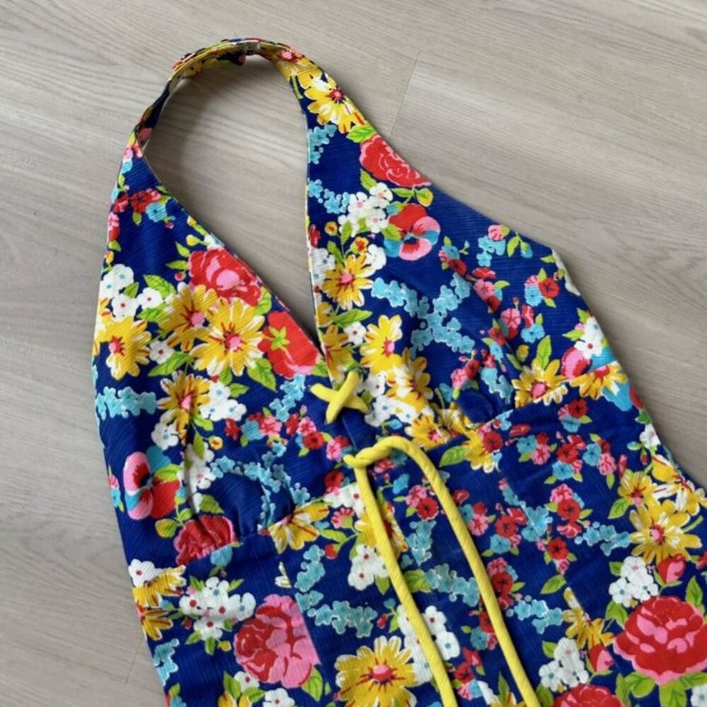 Vintage 60s 70s Floral Handmade Metal Zipper Halter Fit Flare Dress - Picture 4 of 12